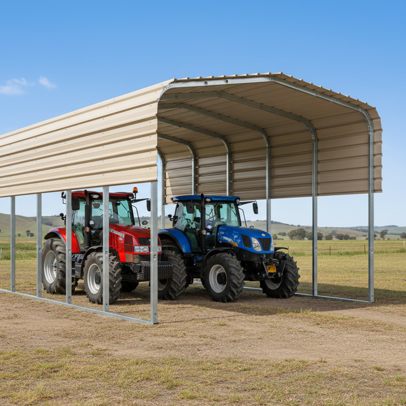 9m Shade Shed - Two Tractors Farm Setting